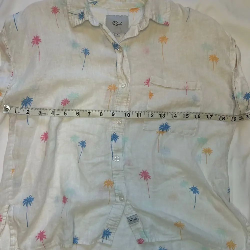 Rails Linen blend short sleeve top White with neon  palm tree pattern. Women S